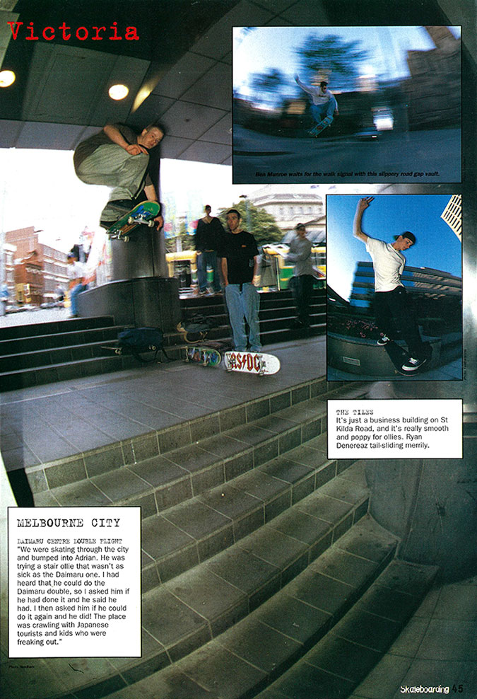 AJ Mueller clearing a big double set gap, from the street into a subway entrance.
                    Skaters have placed their boards in the gap between the stairs to measure the distance - waiting in anticipation
                    for him to land.