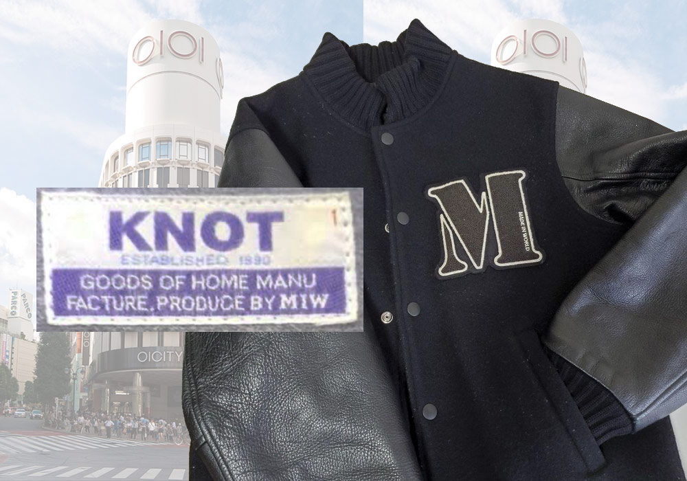 Collage featuring a Made In World Varsity Style Jacket and Knot (Tokyo Fashion Brand) Label. 
    The background is a picture of Shibuya.