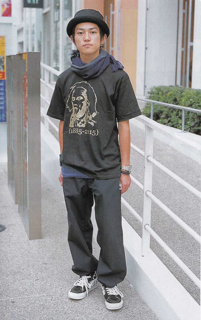 Photo of a man wearing Supreme Pants, WTAPS x VANS collaboration shoes, a black hat
    and a blue Motive scarf standing on a street in Tokyo.