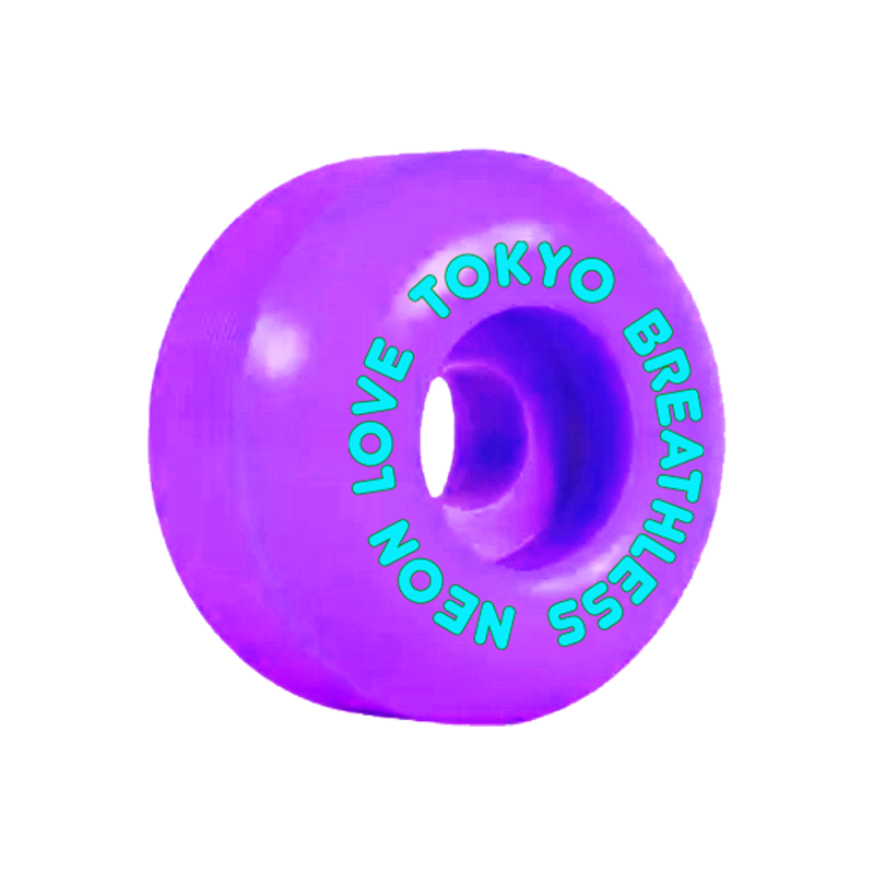 A purple skateboard wheel with TOKYO BREATHLESS NEON LOVE printed in aqua. 